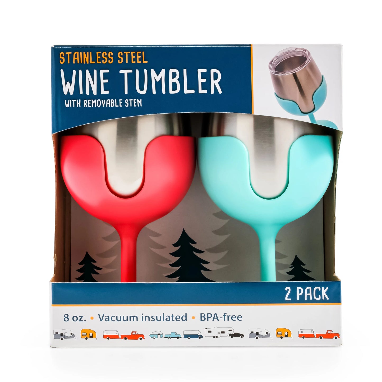 Camco Life Is Better at the Campsite 8oz Wine Tumblers | Kitchen Grade Stainless Steel, Pink and Teal | 2-Pack (51915)