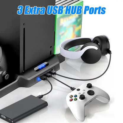 Vertical Stand Fit for Xbox Series X/S with 2 Cooling Fans, EEEkit Dual Controller Fast Charging Dock Station Fit for Xbox Series S/X with 3 USB Ports, 11 Game Disc Slots