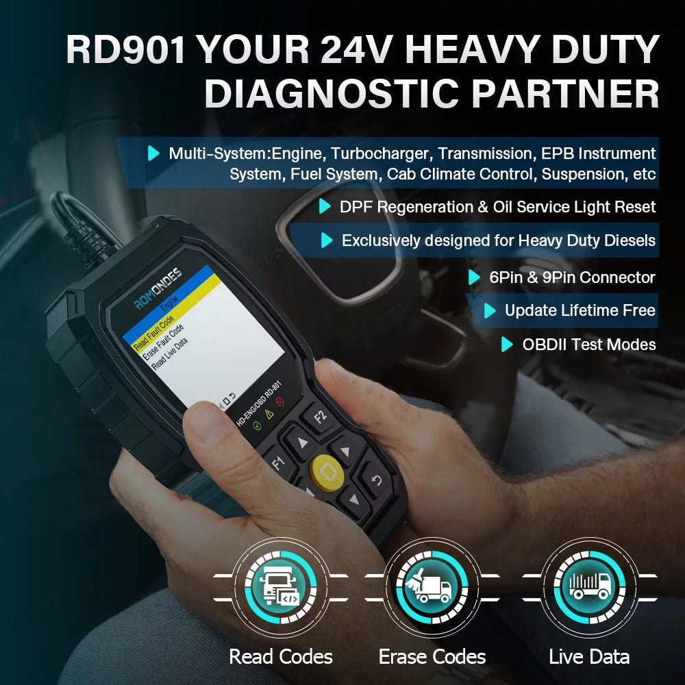 Romondes RD901 Heavy Duty Truck Scanner EOBD OBD2 Scan Tool HD OBD Diesel Scanner All System Diagnostic Tool with DPF Oil Light Reset HD Heavy Duty Truck OBD Car 2 in 1 Code Reader