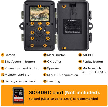 TOGUARD Trail Camera with SD Card WiFi Bluetooth 20MP 1296P Game Camera with 3PIR Night Vision Waterproof IP66 Motion Detection 120° Wide Angle Trail Cam for Hunting Wildlife Monitoring