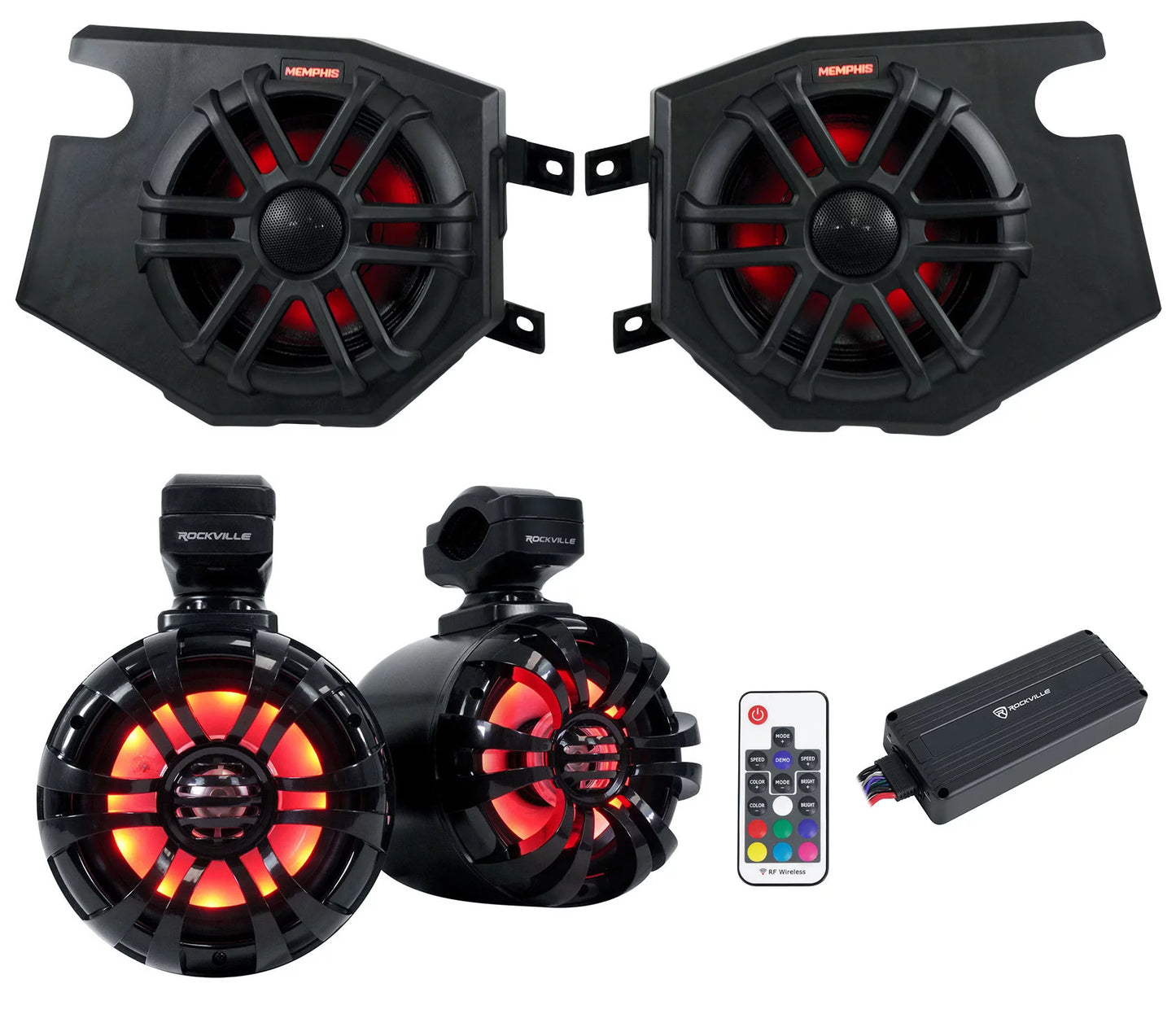 (2) Memphis Audio RZR65FE Pods+LED Tower Speakers+Amp For 2014+ Polaris RZR