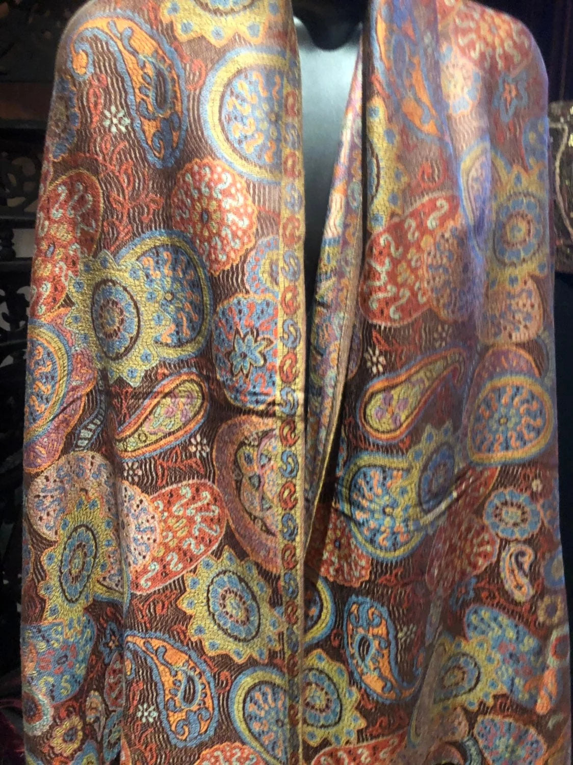 Vintage Brown Orange Paisley Brocade Pashmina Scarf Wrap