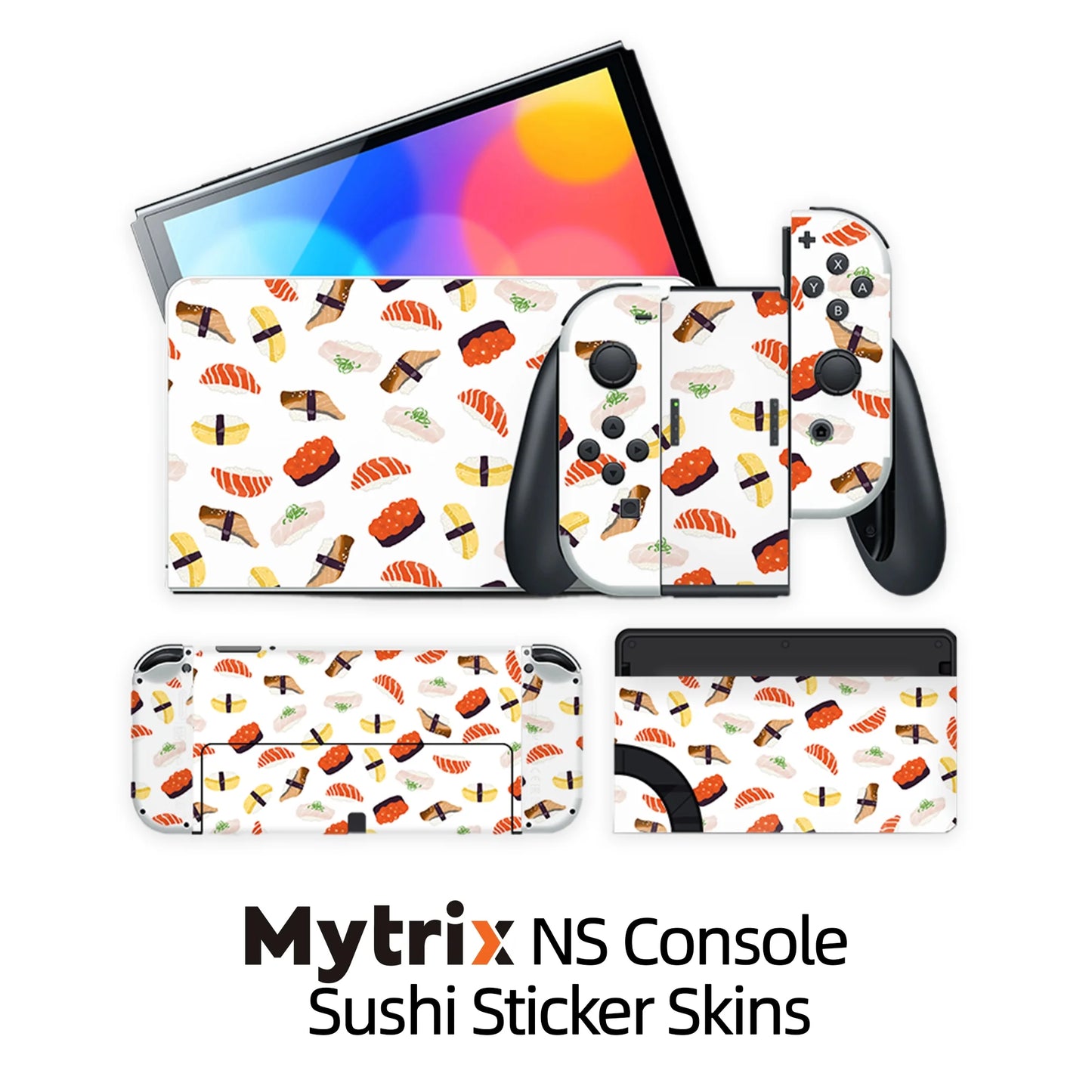 2021 New Nintendo Switch OLED Model White with Mytrix Full Body Skin Sticker for NS OLED Console, Dock and Joycons - Sushi Set