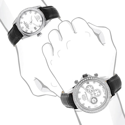 Swiss Mvt Matching His and Hers Real Diamond Watches w Black Leather Band White MOP