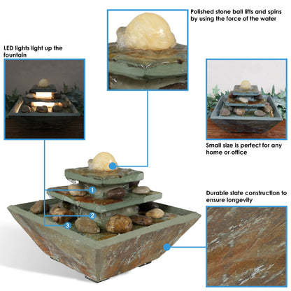 Sunnydaze Ascending Slate Tabletop Fountain with LED Light - 8"