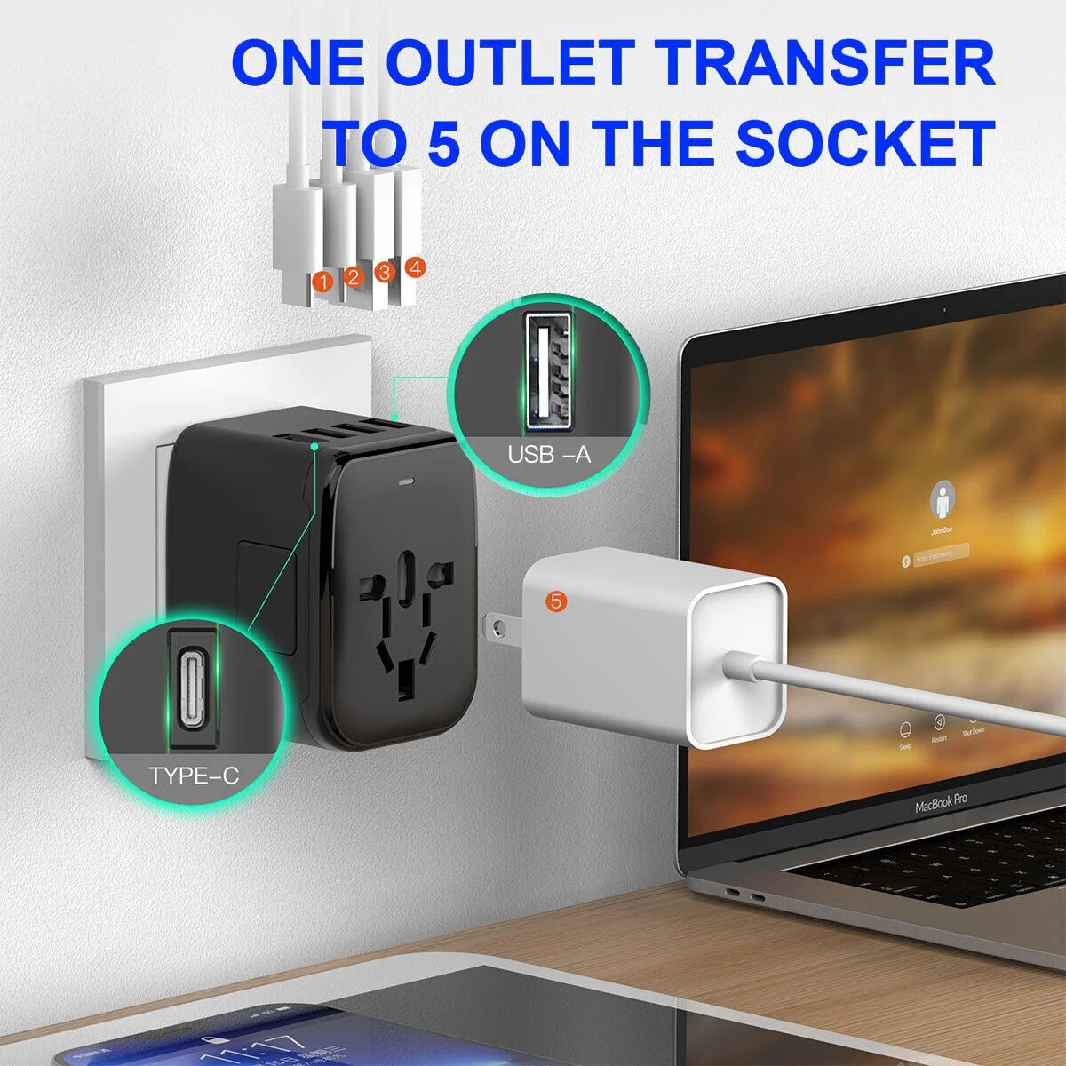 AICase International Universal Travel Adapter 2 USB+2 USB C Outlet Converter Plug Power