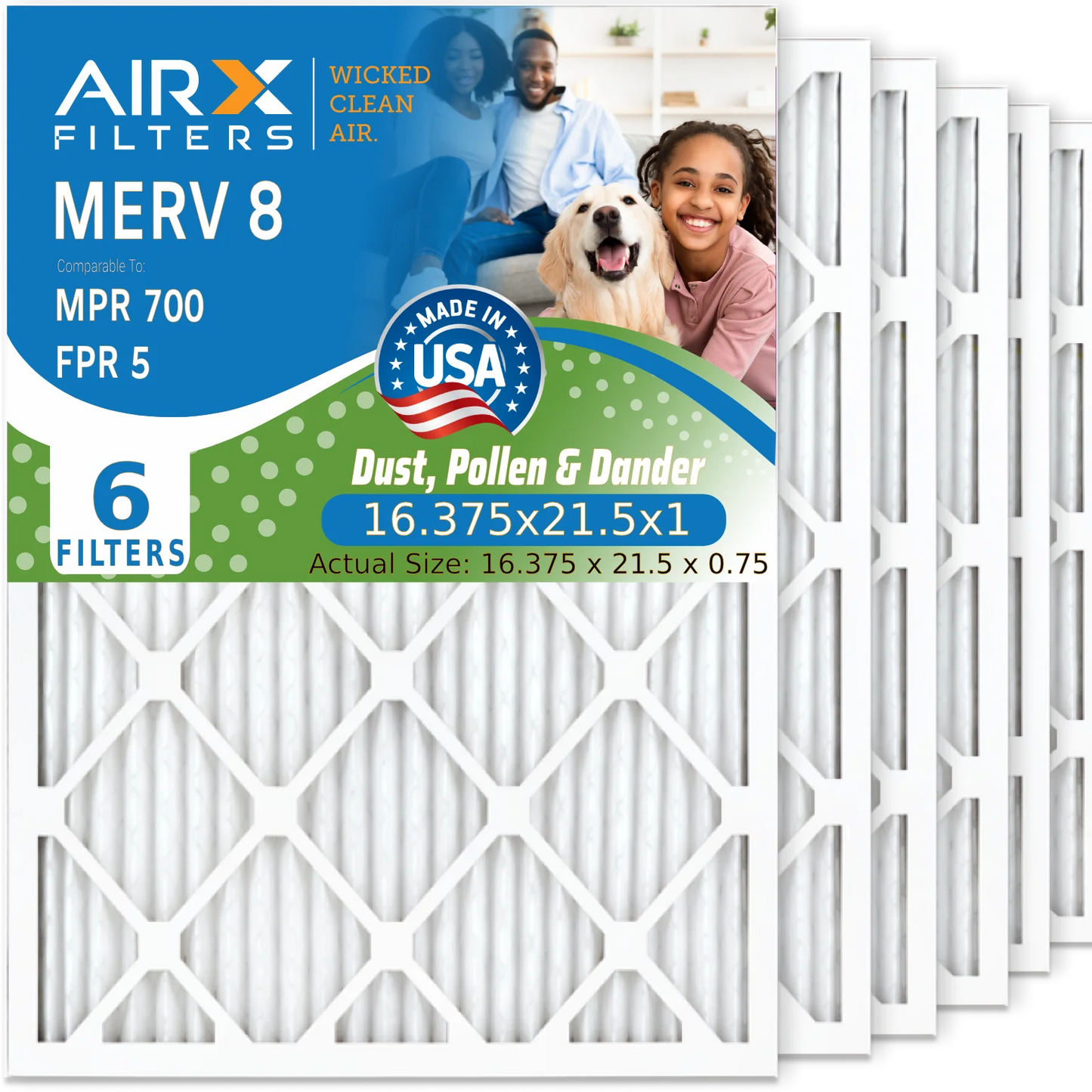 16.375x21.5x1 Air Filter MERV 8 Comparable to MPR 700 & FPR 5 Electrostatic Pleated Air Conditioner Filter 6 Pack HVAC Premium USA Made 16.375x21.5x1 Furnace Filters by AIRX FILTERS WICKED CLEAN AIR.