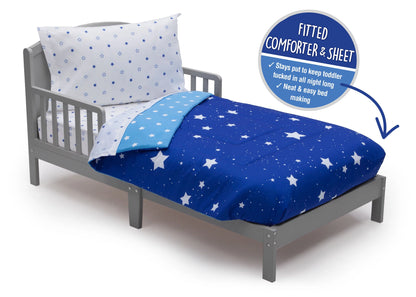 Toddler Bedding Set | Boys 4 Piece Collection | Fitted Sheet, Flat Top Sheet w/ Elastic bottom, Fitted Comforter w/ Elastic bottom, Pillowcase | Delta Children | Boys Starry Night | Blue Stars