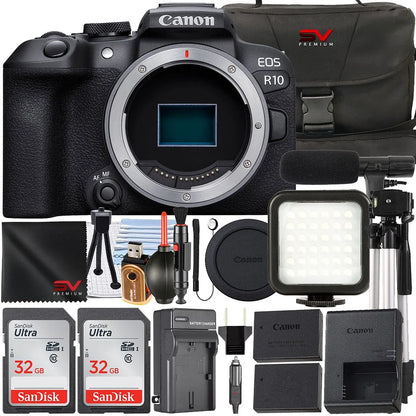 Canon EOS R10 Mirrorless Camera (Body Only) with 2 Pack SanDisk 32GB Memory Card + Case + LED Flash + SV Premium Accessory Bundle