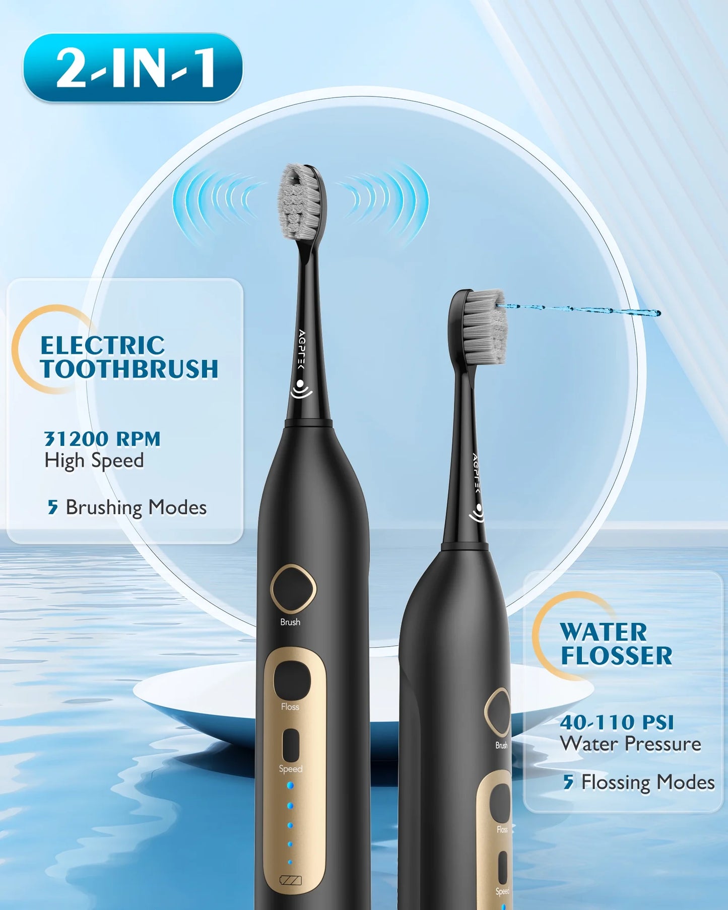 AGPTEK Water Flosser and Electric Toothbrush Combo, 2 in 1 Cordless Water Flosser & Sonic Toothbrush with 5 Levels for Teeth, Gums, Braces - 14 Days Battery Life, 500ML, IPX7 Waterproof