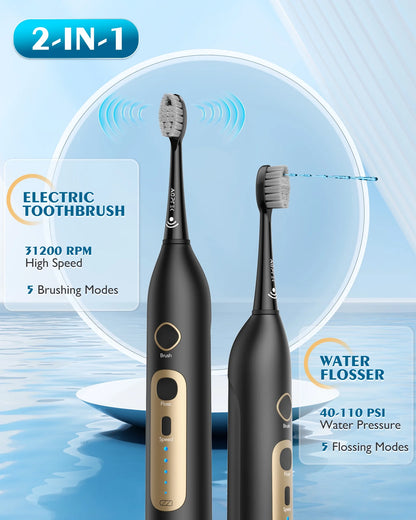 AGPTEK Water Flosser and Electric Toothbrush Combo, 2 in 1 Cordless Water Flosser & Sonic Toothbrush with 5 Levels for Teeth, Gums, Braces - 14 Days Battery Life, 500ML, IPX7 Waterproof