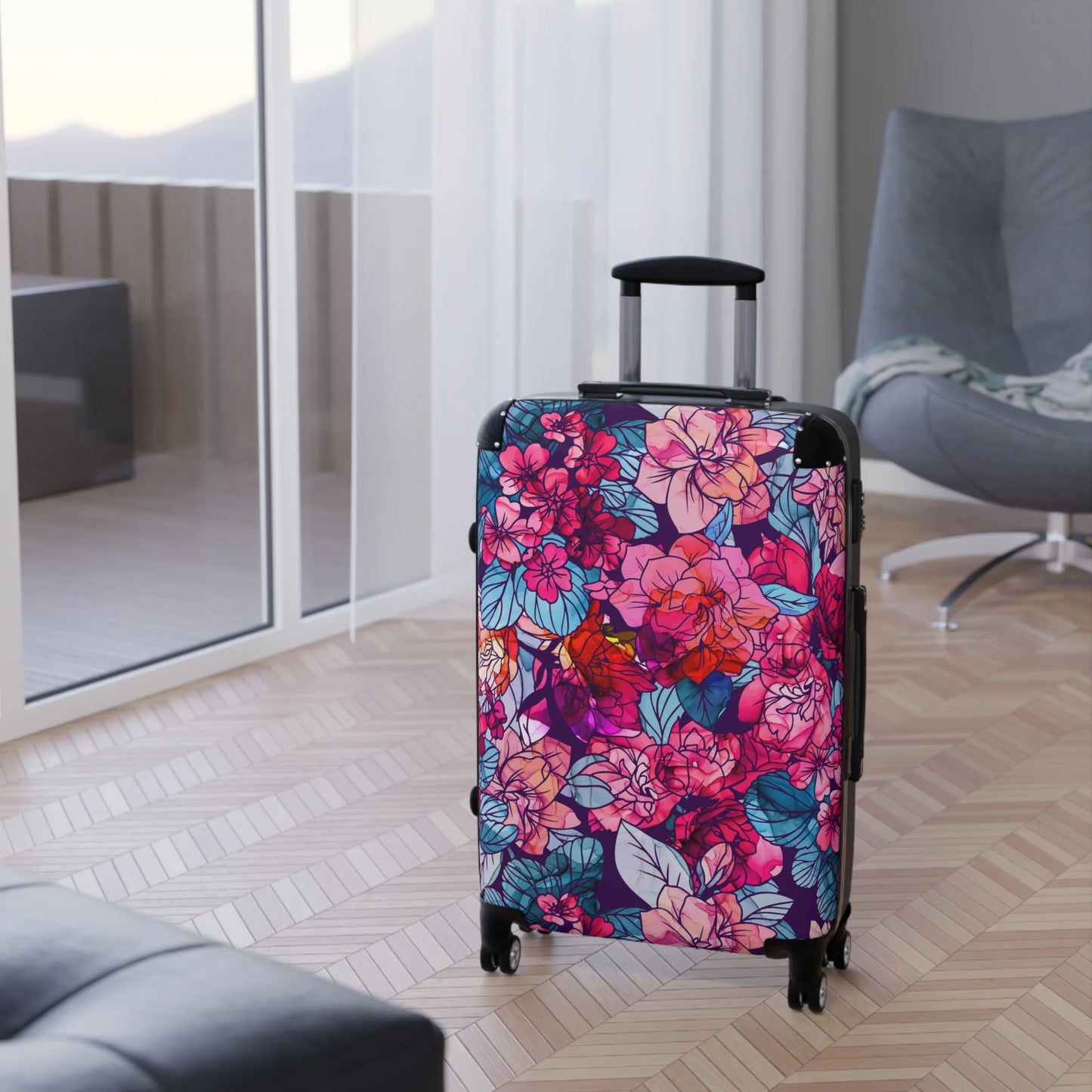 Bloomwave | Floral | Pink, Red, Navy, White | Hardshell Suitcase