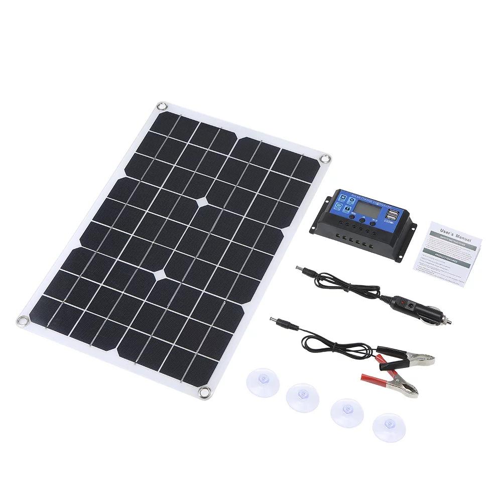 50W DC 5V/18V Dual Output Solar Panel with 2 USB Ports & Car Charge IP65 Water Resistance /24V Solar Charge Controller PWM Intelligent Regulator