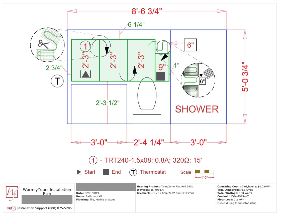 WarmlyYours Tempzone Kit 1.5′ x 8' 12 SqFt 240 Volts with WIFI Touch Programmable Thermostat