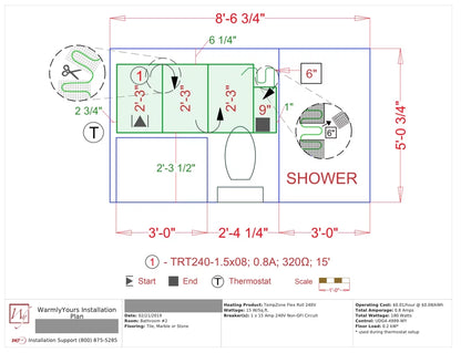 WarmlyYours Tempzone Kit 1.5′ x 8' 12 SqFt 240 Volts with WIFI Touch Programmable Thermostat