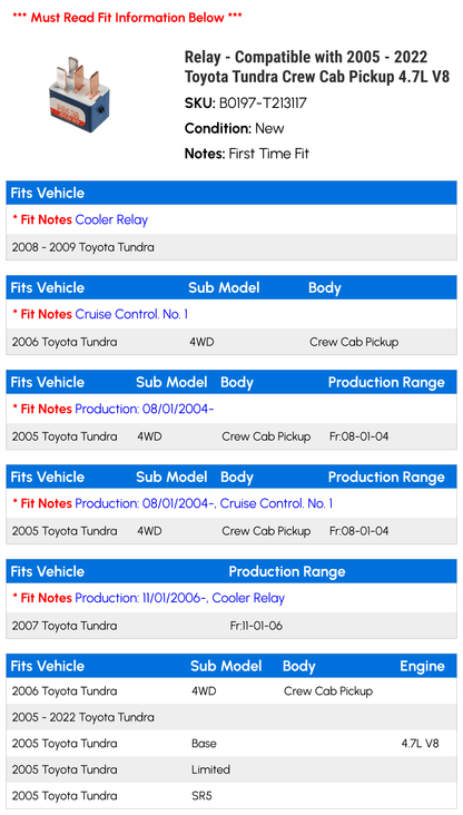Relay - Compatible with 2005 - 2022 Toyota Tundra Crew Cab Pickup 4.7L V8 2006 2007 2008 2009 2010 2011 2012 2013 2014 2015 2016 2017 2018 2019 2020 2021