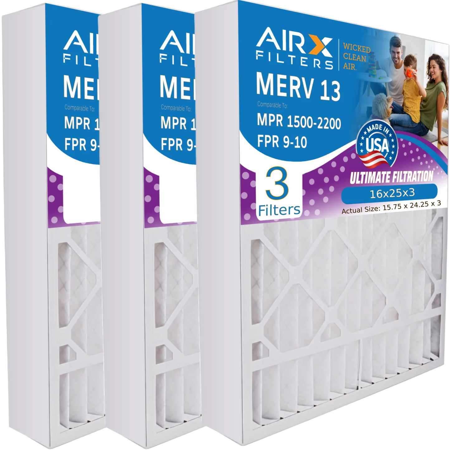 16x25x3 Air Filter MERV 13 Comparable to MPR 1500 - 2200 & FPR 9 Compatible with Lennox X0581 Air Filter 3 Pack by AIRX FILTERS WICKED CLEAN AIR.