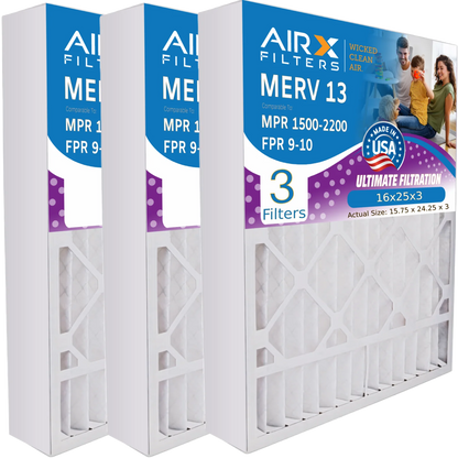 16x25x3 Air Filter MERV 13 Comparable to MPR 1500 - 2200 & FPR 9 Compatible with Lennox X0581 Air Filter 3 Pack by AIRX FILTERS WICKED CLEAN AIR.