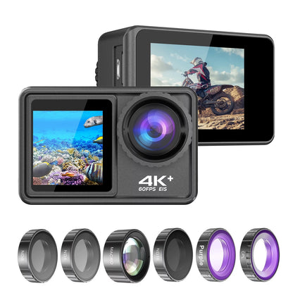 4K 24MP Dual Screen Sport DV Camcorder 2.0 Inch Screen 170° Wide Angle EIS 40m Waterproof WiFi with Macro CPL ND4 8 16 Purple Lens for Outdoor Sports