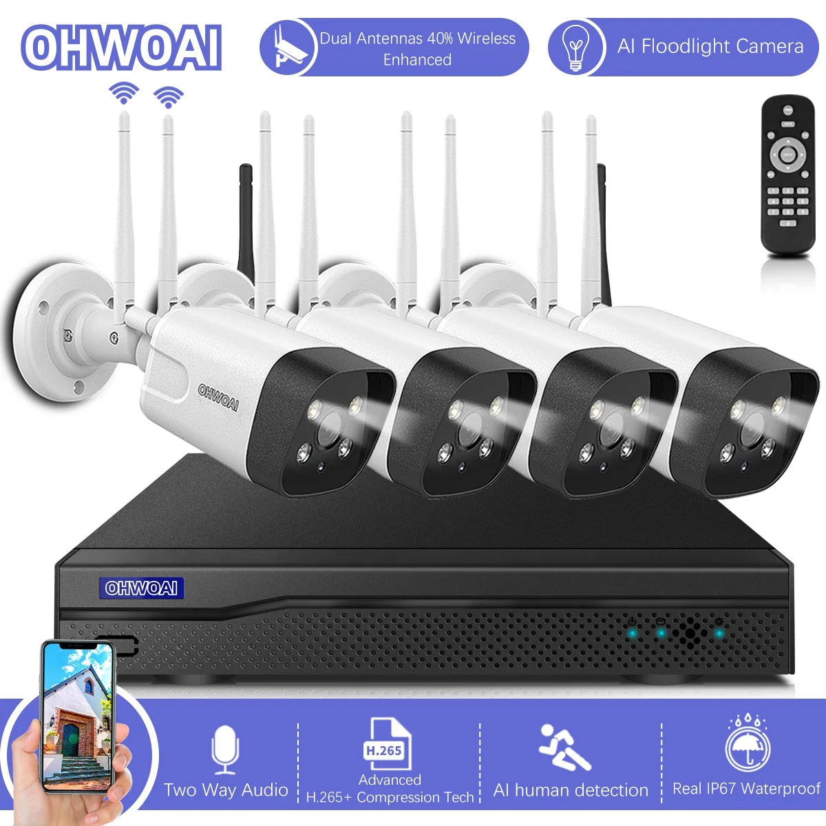 {4pcs 3.0MP Dual Antennas Floodlight}, Two-way audio Home Surveillance Wireless Security Camera System, 8CH NVR No HDD, IP66 waterproof, AI Human Detection