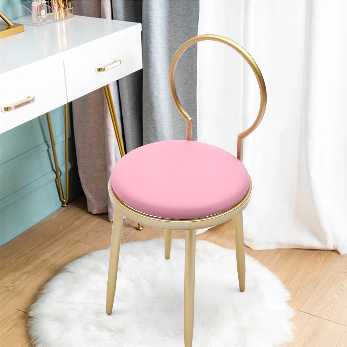 Anqidi Pink Vanity Chair, Simple Gold Iron + Pink Leather + Sponge Dresser Stool 13.78*12.2*27.36"