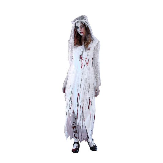 Adult Women's Irregular Blood Corpse Bride Halloween Long Dress Party Cosplay Costume with Veil - Size M (White)