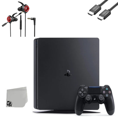 Sony PlayStation 4 Slim 500GB Black Gaming Console + Gaming Earbuds With Microphone BOLT AXTION Bundle Used