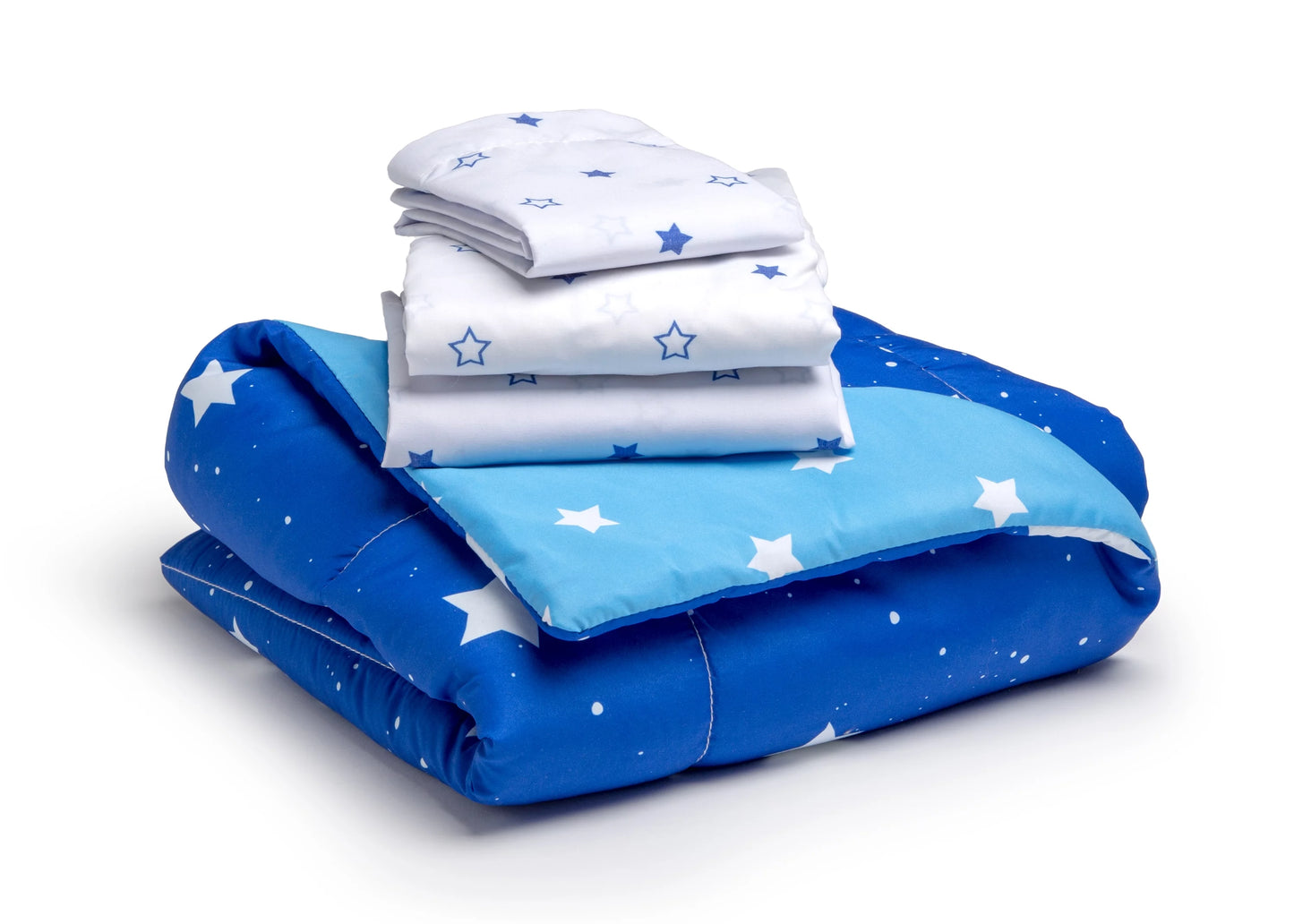 Toddler Bedding Set | Boys 4 Piece Collection | Fitted Sheet, Flat Top Sheet w/ Elastic bottom, Fitted Comforter w/ Elastic bottom, Pillowcase | Delta Children | Boys Starry Night | Blue Stars