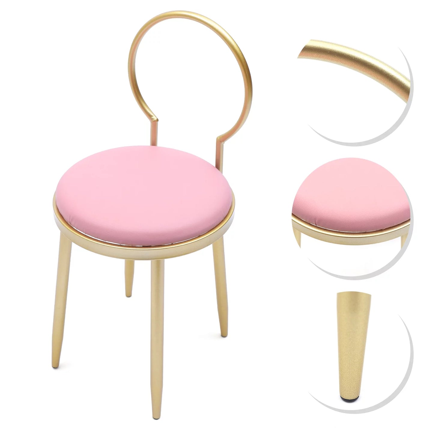 Anqidi Pink Vanity Chair, Simple Gold Iron + Pink Leather + Sponge Dresser Stool 13.78*12.2*27.36"