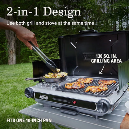 YUNWEN Classic 2-in-1 Camping Grill/Stove with 2 Adjustable Burners, Propane Grill/Stove with Push-Button Starter, Wind Guards, Grease Tray, & 20,000 BTUs of Power for Camping, Tailgating, & More