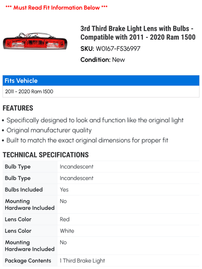 3rd Third Brake Light Lens with Bulbs - Compatible with 2011 - 2020 Ram 1500 2012 2013 2014 2015 2016 2017 2018 2019