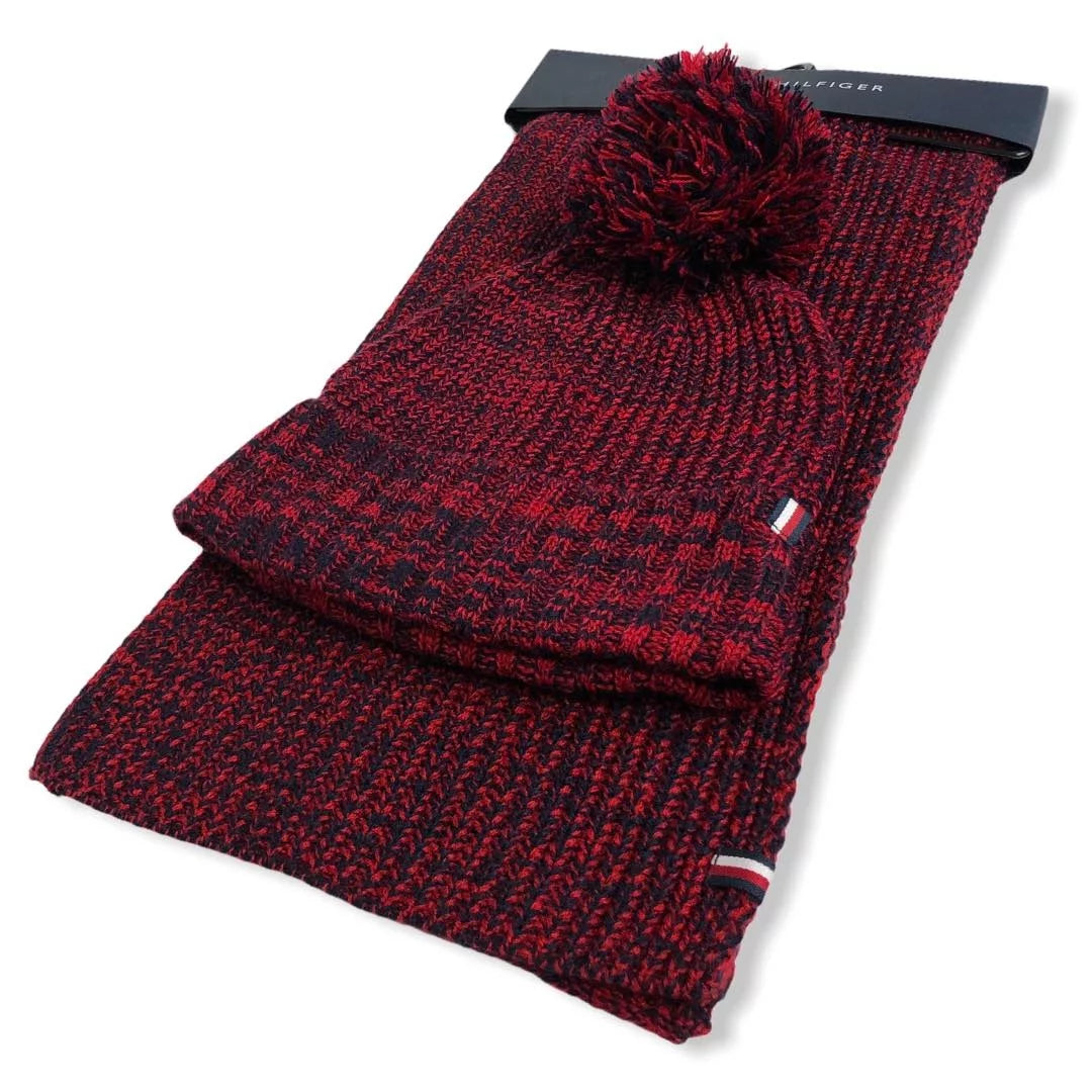 Tommy Hilfiger Logo Hat and Scarf Set Red and Navy