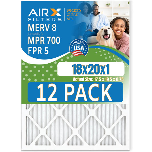 18x20x1 Air Filter MERV 8 Rating, 12 Pack of Furnace Filters Comparable to MPR 700 & FPR 5 - Made in USA by AIRX FILTERS WICKED CLEAN AIR.