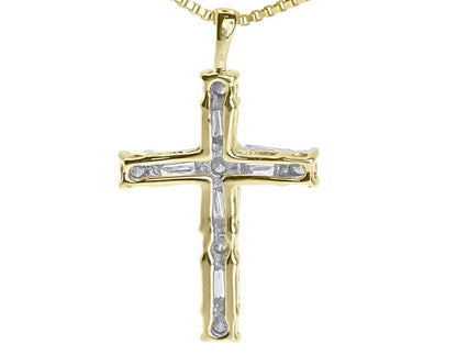 14k Yellow Gold Round Baguette Diamond Mini Cross (0.50 ct)