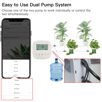 Arealer Automatic Watering System Smart Watering Device Dual Pump System WiFi/ Voice/ Manual Control Programmable Watering Time Built-in Battery Solar Panel/ USB Charging Compatible with Home for