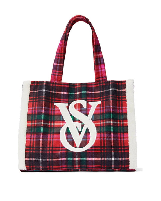 Victoria’s Secret VS Limited edition 2022 holiday Fleece Trim Plaid Tote Bag NWT