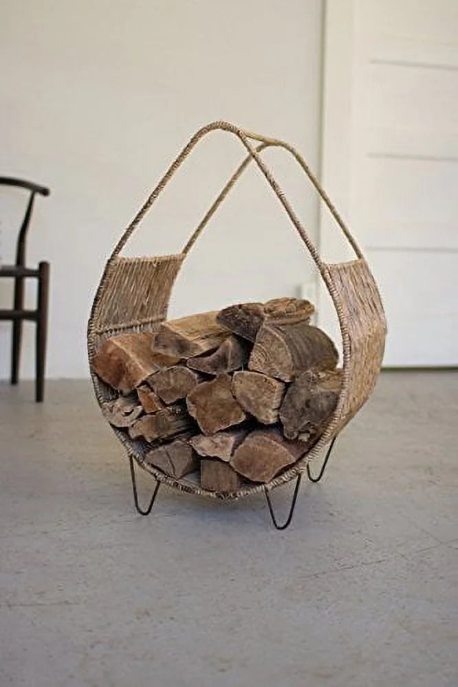 Woven Rush And Metal Firewood Rack With Tall Handle Natural