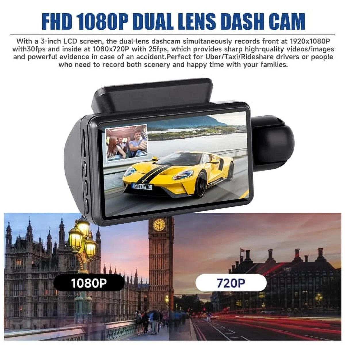 SYTHERS 1080P Dash Cam Night Vision Dash Camera Front and Rear 170° Wide Angle Loop Recording