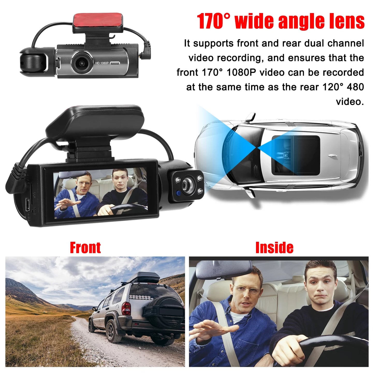 Tomshoo Dual Lens Car Dash Cam, Night Vision Recorder, Motion Detection, 170° Wide Angle, Multi language, Auto DVR