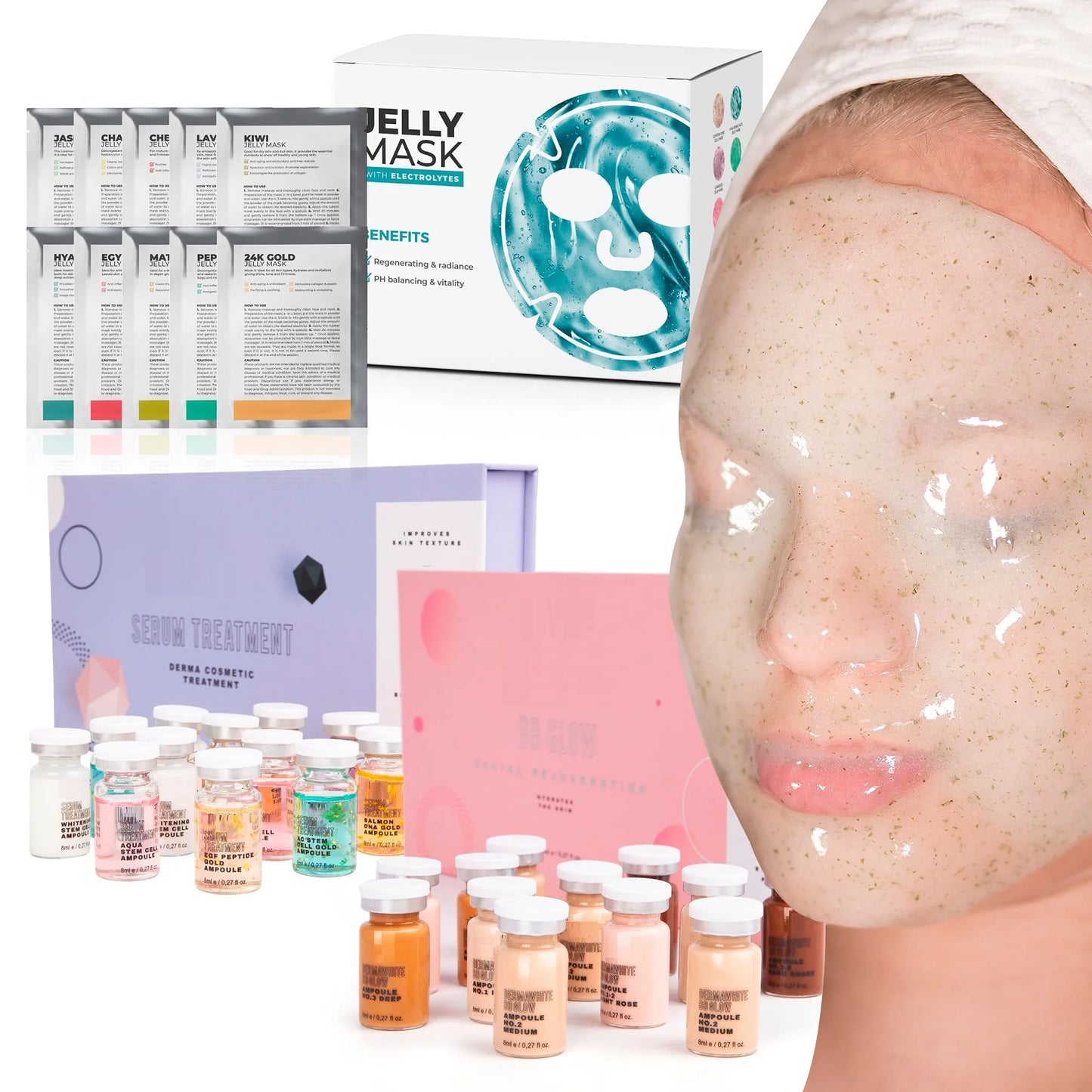 BRÜUN BB Glow + Face care Serum Treatment kit with 12 vials + Peel-Off Jelly Mask 10 Different spa set Treatments Starter kit with electrolytes