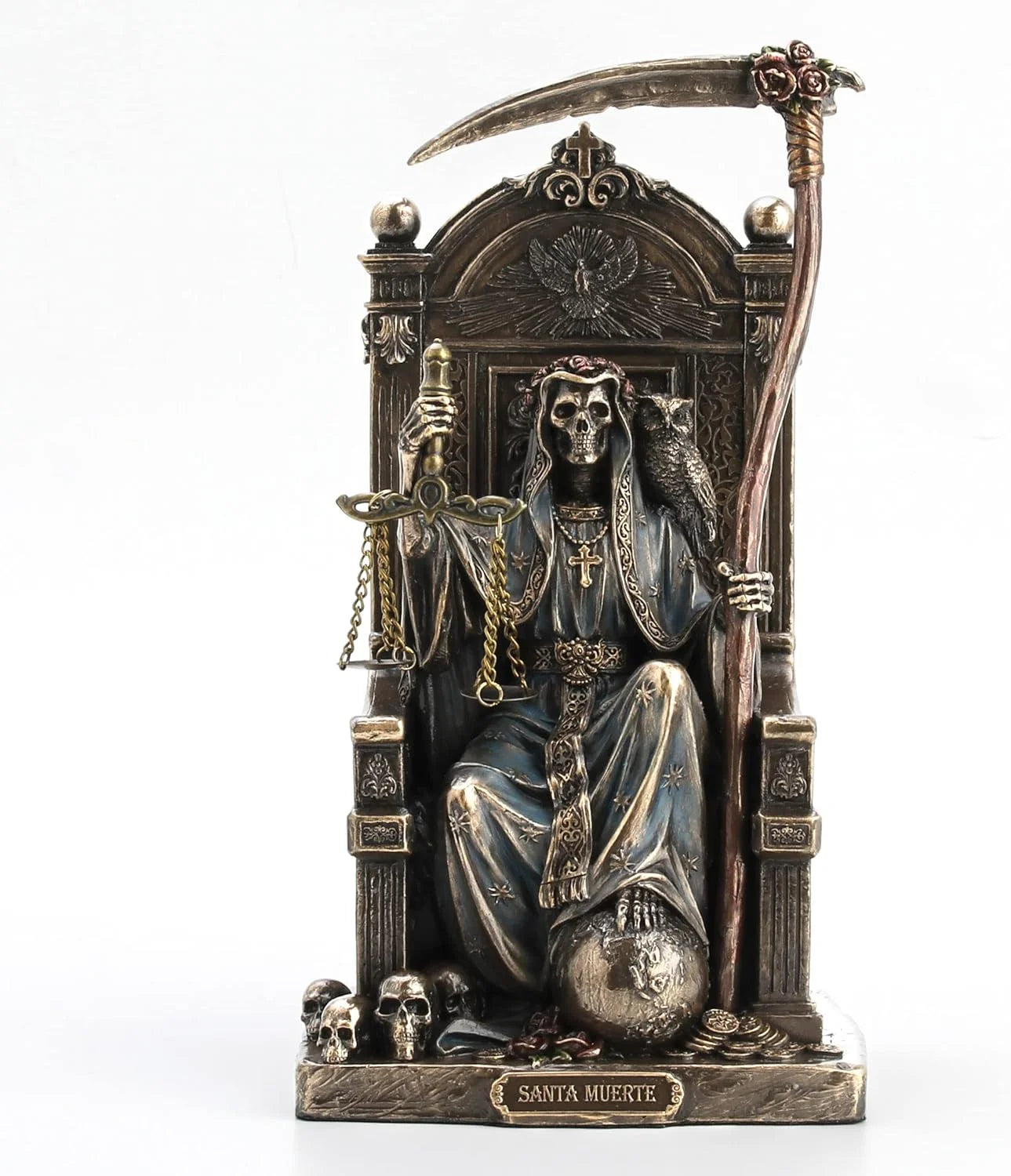 8 5/8" Sitting Santa Muerte Grim Reaper Scythe And Scale Resin Sculpture Antique Bronze Finish