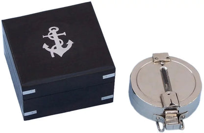 4" Circular Pocket Compass (Nickel Polished) With Black Wooden Box