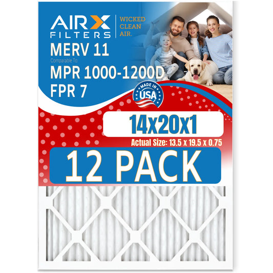 14x20x1 Air Filter MERV 11 Rating, 12 Pack of Furnace Filters Comparable to MPR 1000, MPR 1200 & FPR 7 - Made in USA by AIRX FILTERS WICKED CLEAN AIR.