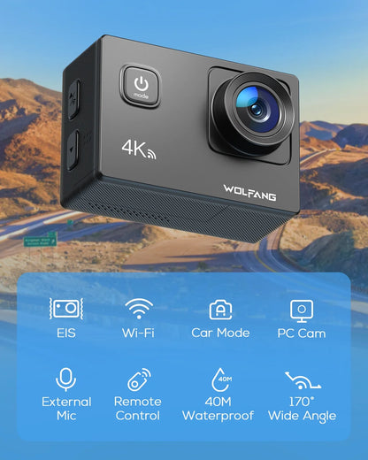 WOLFANG Action Camera 4K 20MP Action Cam Waterproof 40M Underwater Camera EIS Stabilization WiFi Video Camera 170�