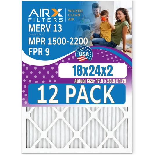 18x24x2 Air Filter MERV 13 Rating, 12 Pack of Furnace Filters Comparable to MPR 1500 - 2200 & FPR 9 - Made in USA by AIRX FILTERS WICKED CLEAN AIR.