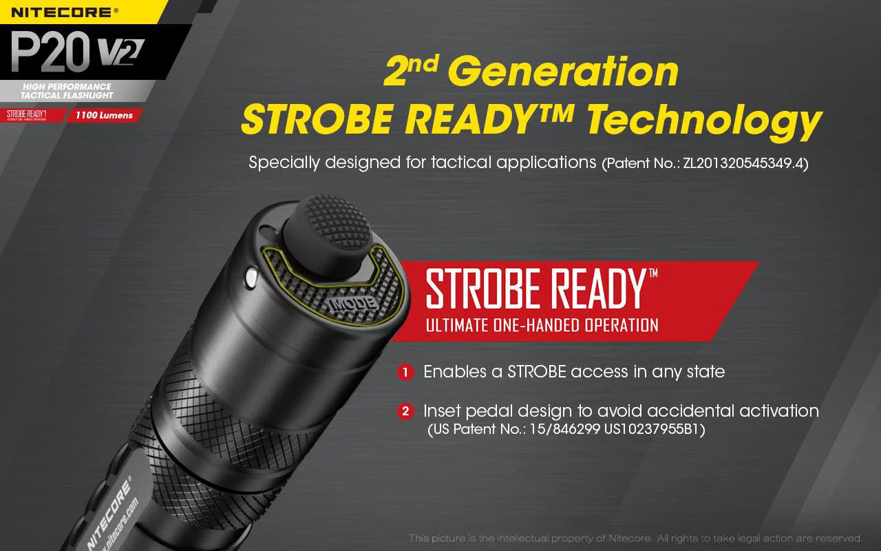 Combo: Nitecore P20 V2 Tactical LED Flashlight - CREE XP-L2 V6 - 1100 Lumens w/NL189 Battery +2x Free Eco-Sensa CR123A Batteries