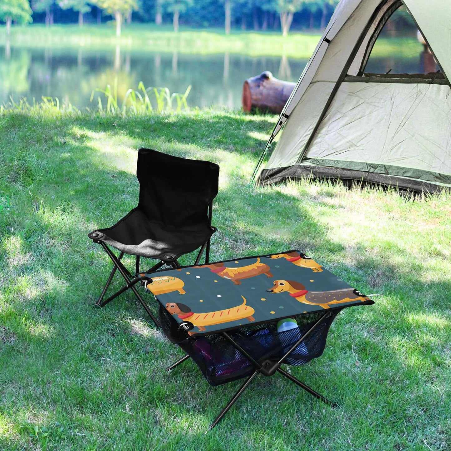 Cartoon Dachshund Dogs Camping Folding Table Portable Beach Table with Storage Bag Compact Picnic Table for Outdoor Travel Fishing BBQ