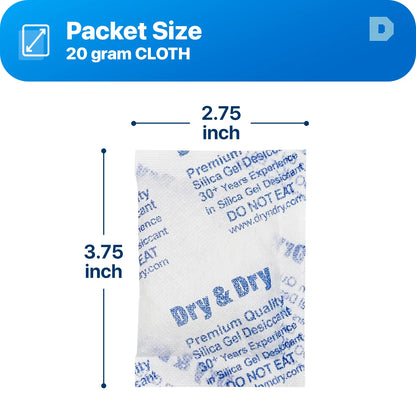 20 Gram [100 Packs] "Dry & Dry" Premium Silica Gel Packets Desiccant Dehumidifiers - Rechargeable Fabric