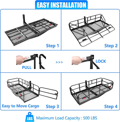 500 Lbs Heavy Duty Hitch Mount Cargo Carrier 60" x 24" x 14.4" Folding Cargo Rack Rear Luggage Basket Fits 2" Receiver for Car SUV Camping Traveling