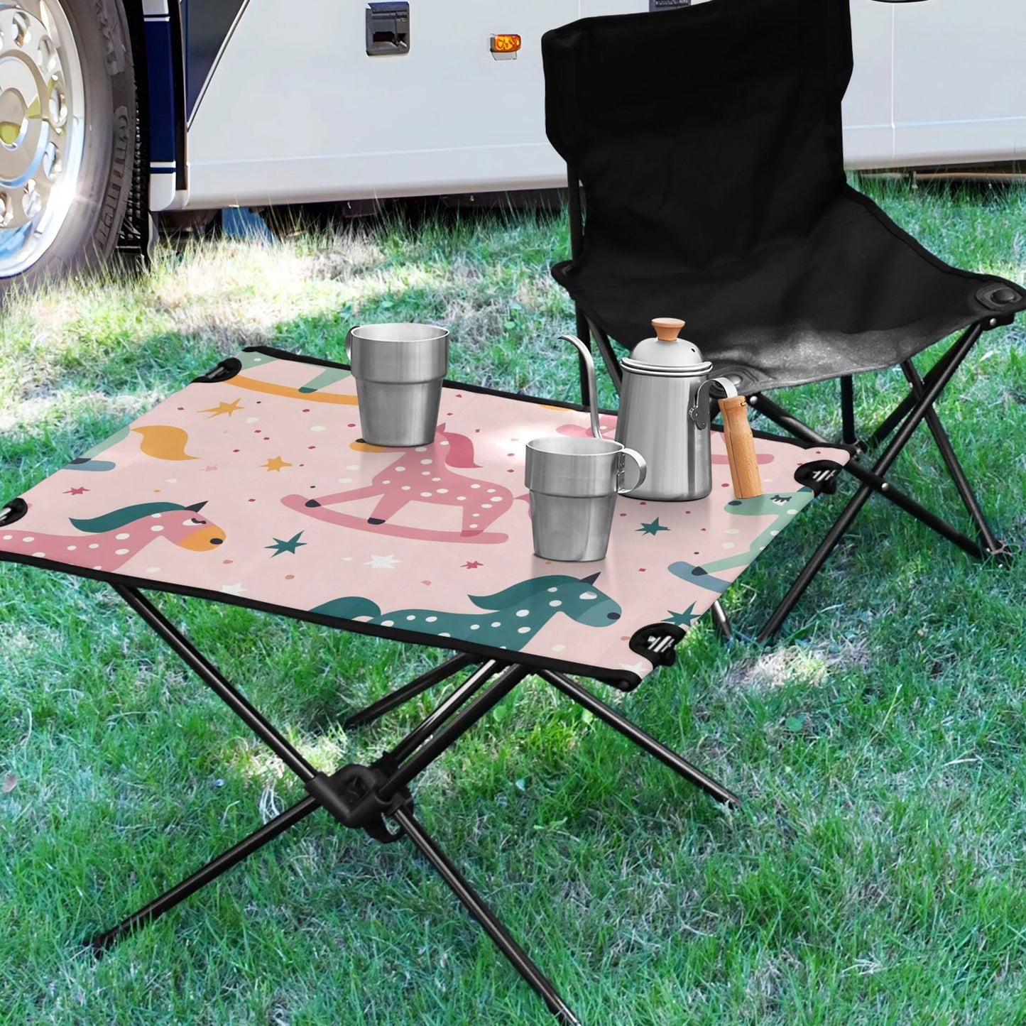 Cartoon Horse and Stars Camping Folding Table Portable Beach Table with Storage Bag Compact Picnic Table for Outdoor Travel Fishing BBQ